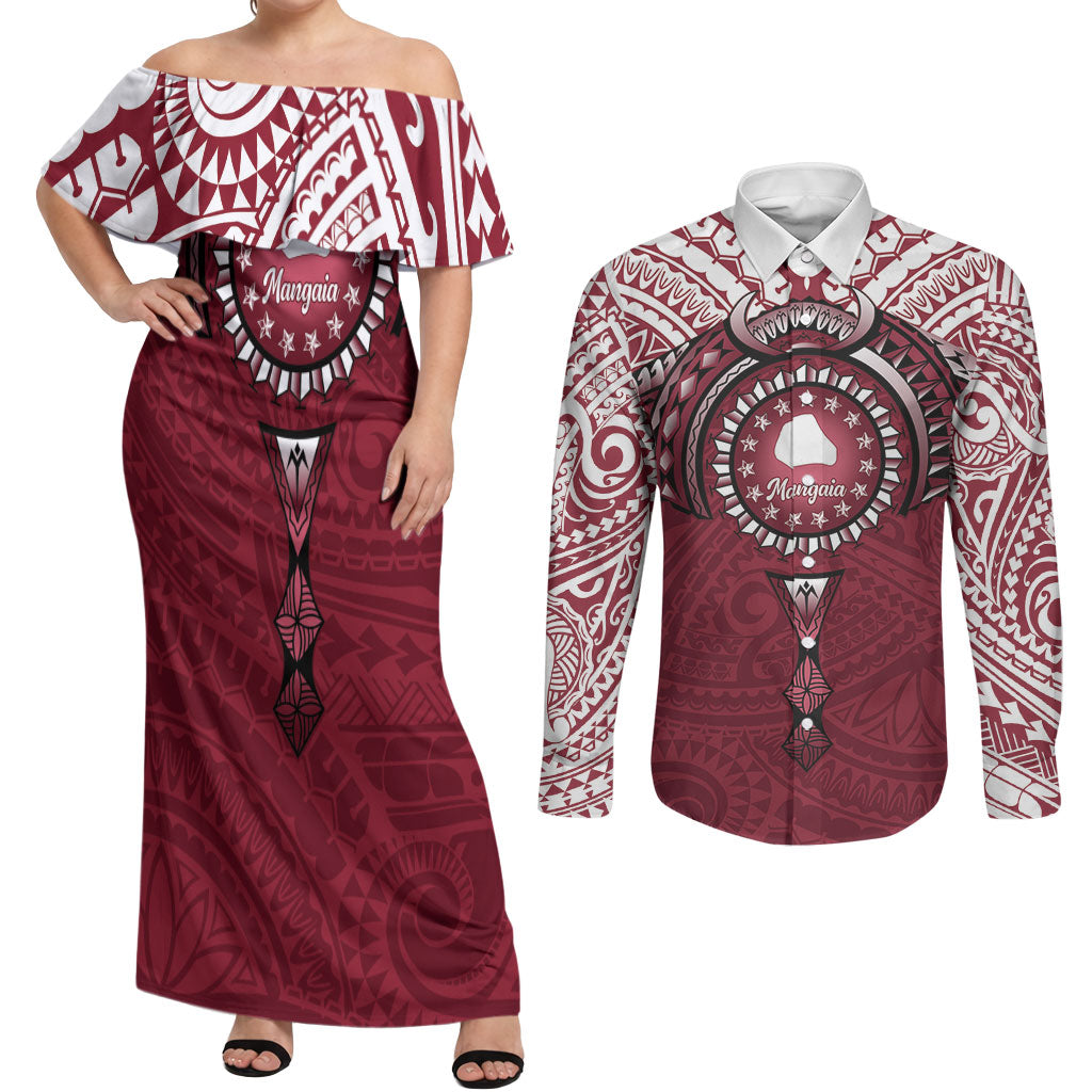 Personalised Cook Islands Mangaia Couples Matching Off Shoulder Maxi Dress and Long Sleeve Button Shirt Map With Kuki Airani Manta Ray Tattoo LT14 Maroon - Polynesian Pride