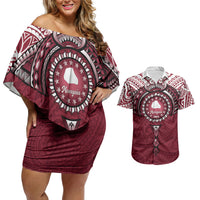 Personalised Cook Islands Mangaia Couples Matching Off Shoulder Short Dress and Hawaiian Shirt Map With Kuki Airani Manta Ray Tattoo LT14 Maroon - Polynesian Pride