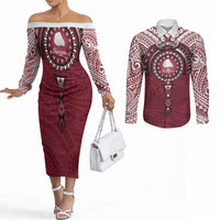 Personalised Cook Islands Mangaia Couples Matching Off The Shoulder Long Sleeve Dress and Long Sleeve Button Shirt Map With Kuki Airani Manta Ray Tattoo LT14 Maroon - Polynesian Pride
