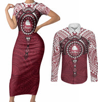 Personalised Cook Islands Mangaia Couples Matching Short Sleeve Bodycon Dress and Long Sleeve Button Shirt Map With Kuki Airani Manta Ray Tattoo LT14 Maroon - Polynesian Pride