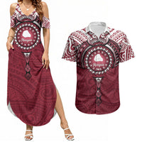 Personalised Cook Islands Mangaia Couples Matching Summer Maxi Dress and Hawaiian Shirt Map With Kuki Airani Manta Ray Tattoo LT14 Maroon - Polynesian Pride