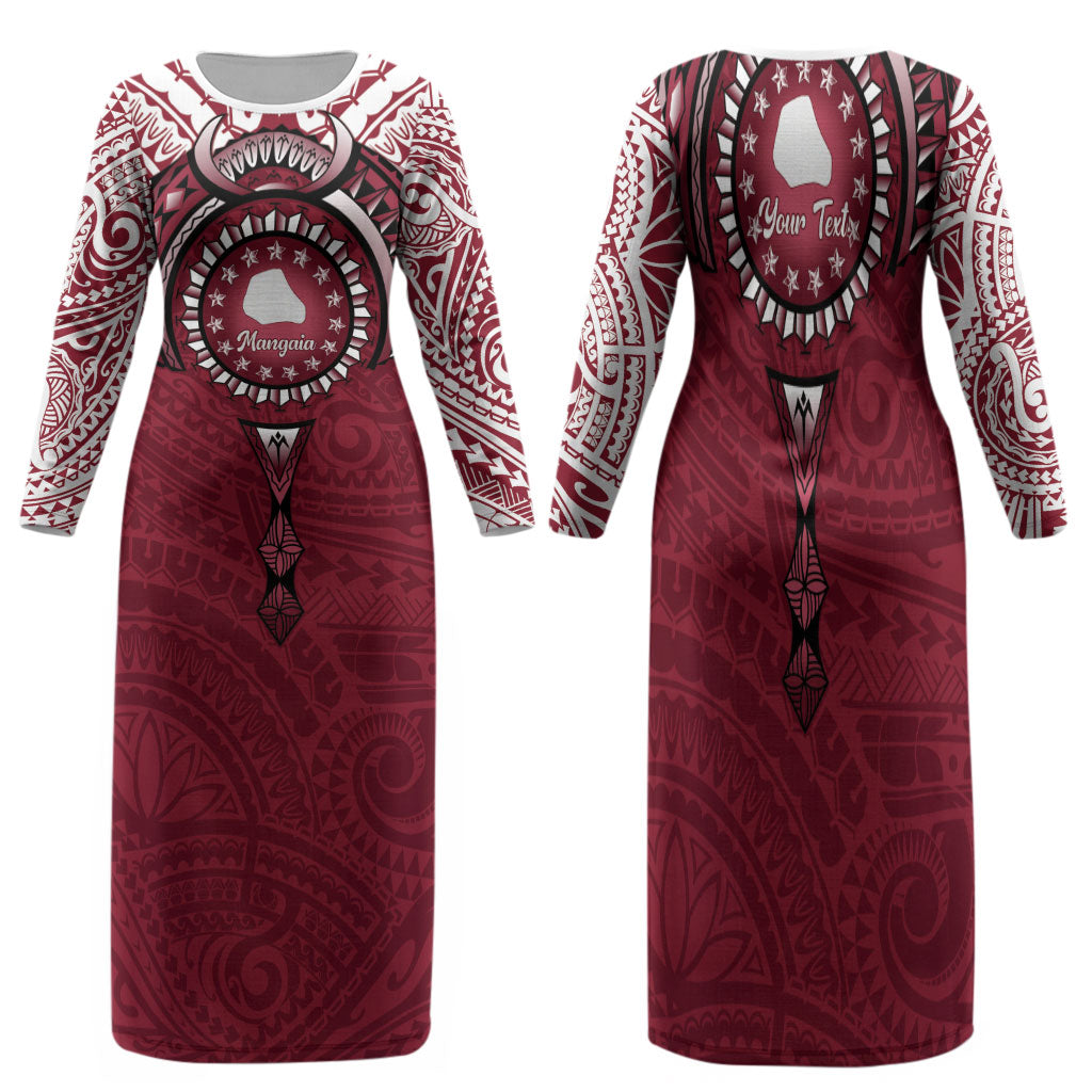 Personalised Cook Islands Mangaia Family Matching Long Sleeve Bodycon Dress and Hawaiian Shirt Map With Kuki Airani Manta Ray Tattoo LT14 Mom's Dress Maroon - Polynesian Pride
