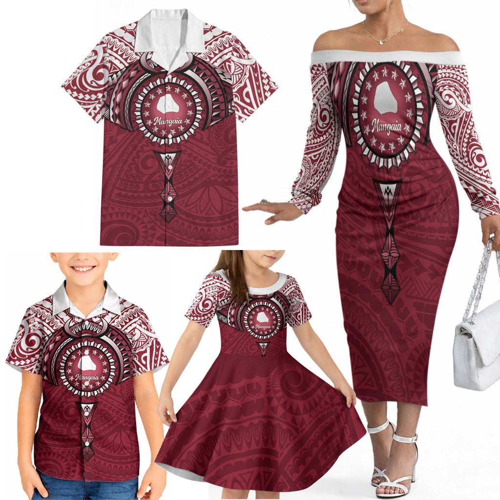 Personalised Cook Islands Mangaia Family Matching Off The Shoulder Long Sleeve Dress and Hawaiian Shirt Map With Kuki Airani Manta Ray Tattoo LT14 - Polynesian Pride