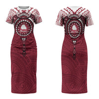 Personalised Cook Islands Mangaia Family Matching Short Sleeve Bodycon Dress and Hawaiian Shirt Map With Kuki Airani Manta Ray Tattoo LT14 Mom's Dress Maroon - Polynesian Pride