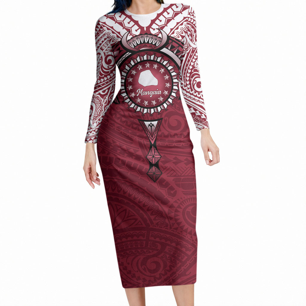 Personalised Cook Islands Mangaia Long Sleeve Bodycon Dress Map With Kuki Airani Manta Ray Tattoo LT14 Long Dress Maroon - Polynesian Pride