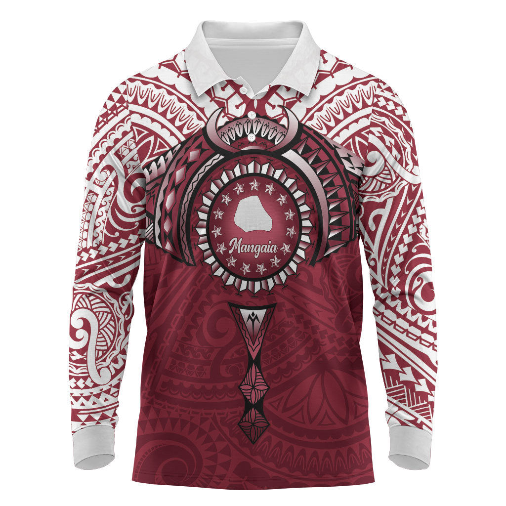 Personalised Cook Islands Mangaia Long Sleeve Polo Shirt Map With Kuki Airani Manta Ray Tattoo LT14 Maroon - Polynesian Pride