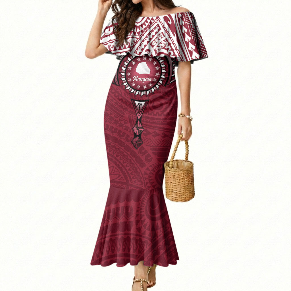 Personalised Cook Islands Mangaia Mermaid Dress Map With Kuki Airani Manta Ray Tattoo LT14 Women Maroon - Polynesian Pride