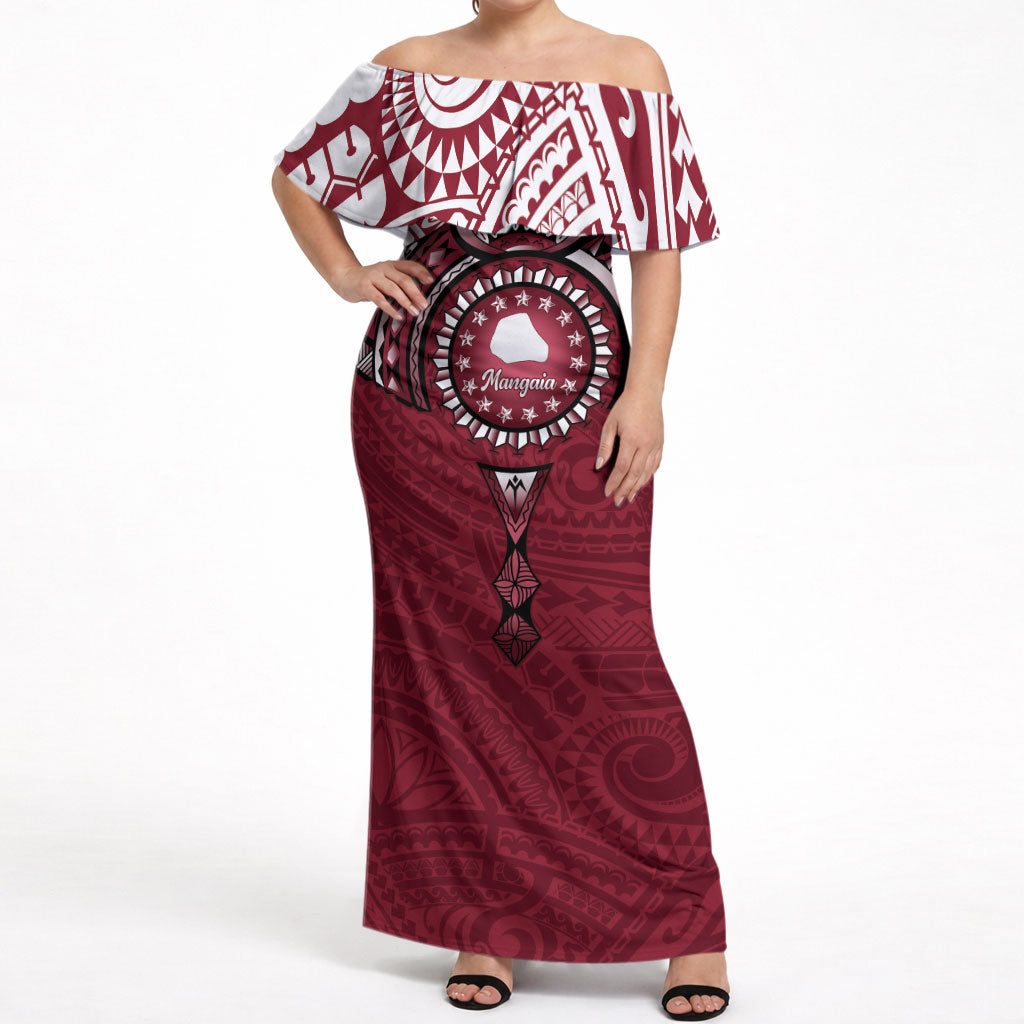 Personalised Cook Islands Mangaia Off Shoulder Maxi Dress Map With Kuki Airani Manta Ray Tattoo LT14 Women Maroon - Polynesian Pride