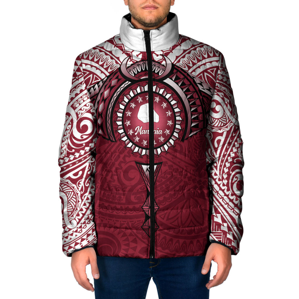 Personalised Cook Islands Mangaia Padded Jacket Map With Kuki Airani Manta Ray Tattoo LT14 Men Maroon - Polynesian Pride