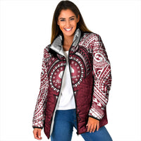 Personalised Cook Islands Mangaia Padded Jacket Map With Kuki Airani Manta Ray Tattoo LT14 Women Maroon - Polynesian Pride