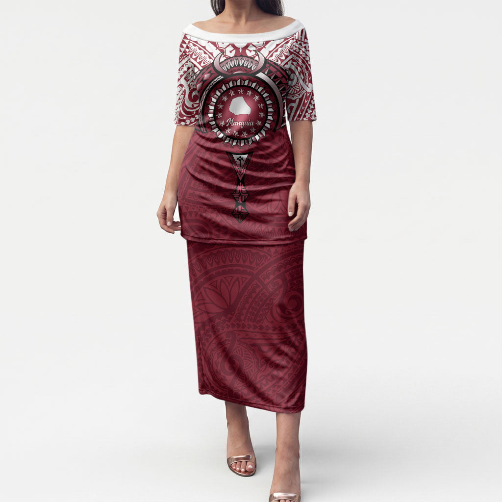 Personalised Cook Islands Mangaia Puletasi Map With Kuki Airani Manta Ray Tattoo LT14 Long Dress Maroon - Polynesian Pride