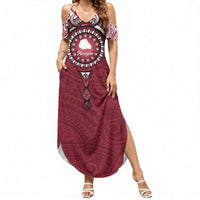 Personalised Cook Islands Mangaia Summer Maxi Dress Map With Kuki Airani Manta Ray Tattoo LT14 Women Maroon - Polynesian Pride