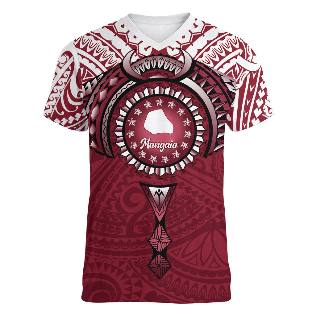 Personalised Cook Islands Mangaia Women V-Neck T-Shirt Map With Kuki Airani Manta Ray Tattoo LT14 Female Maroon - Polynesian Pride