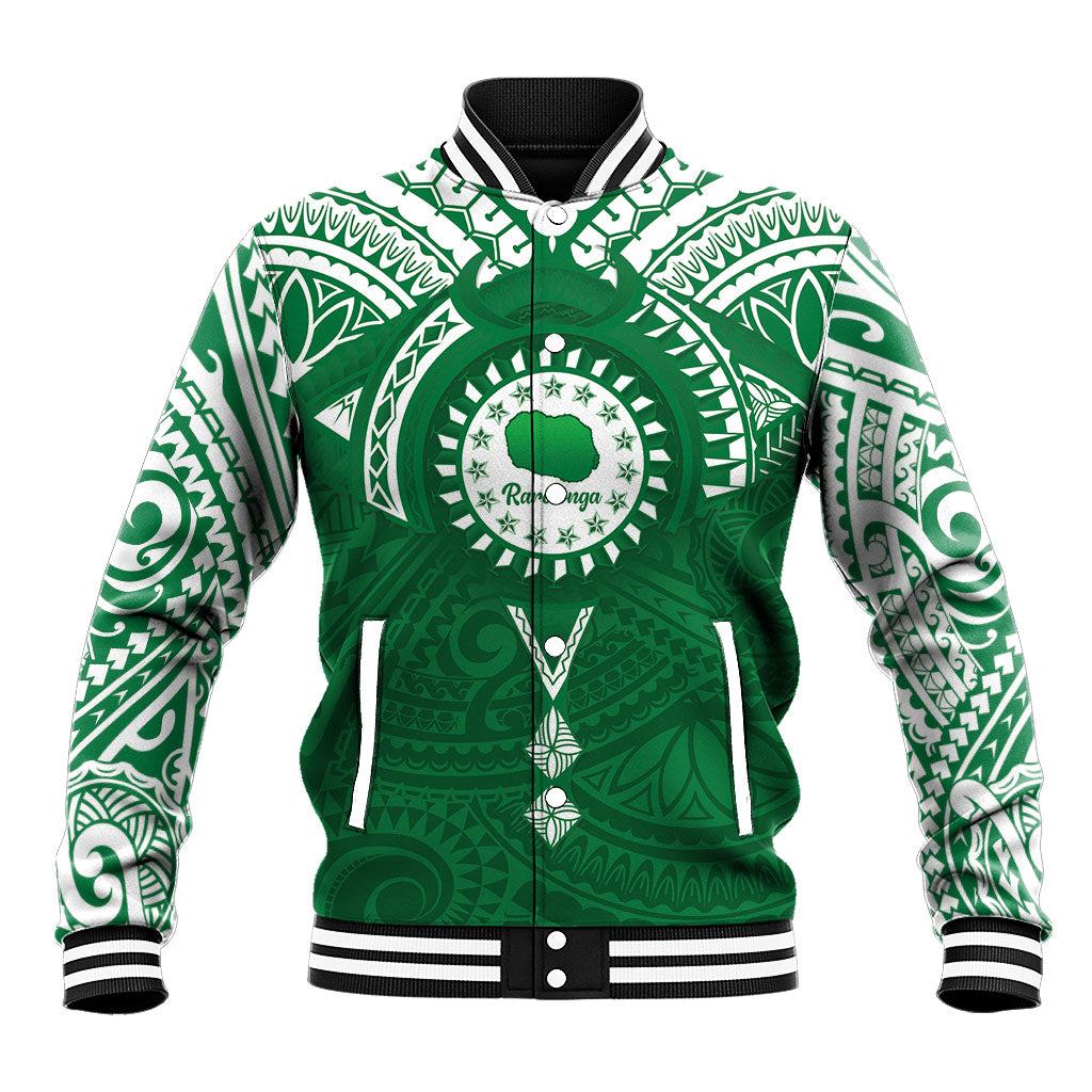 Personalised Cook Islands Rarotonga Baseball Jacket Map With Kuki Airani Manta Ray Tattoo LT14 Unisex Green - Polynesian Pride