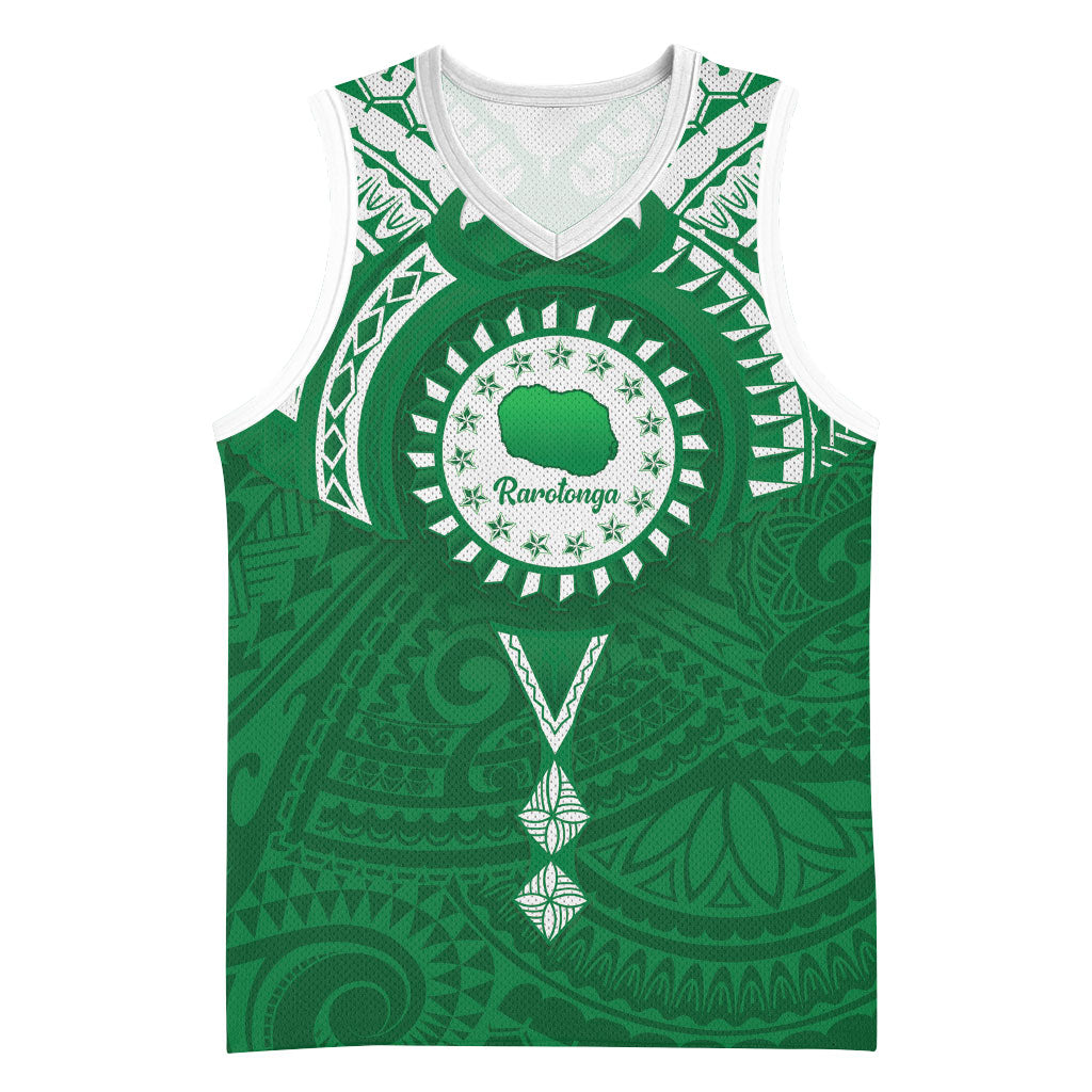 Personalised Cook Islands Rarotonga Basketball Jersey Map With Kuki Airani Manta Ray Tattoo LT14 Unisex Green - Polynesian Pride