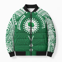Personalised Cook Islands Rarotonga Bomber Puffer Jacket Map With Kuki Airani Manta Ray Tattoo LT14 Unisex Green - Polynesian Pride