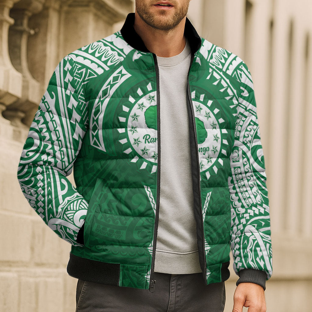 Personalised Cook Islands Rarotonga Bomber Puffer Jacket Map With Kuki Airani Manta Ray Tattoo LT14 - Polynesian Pride