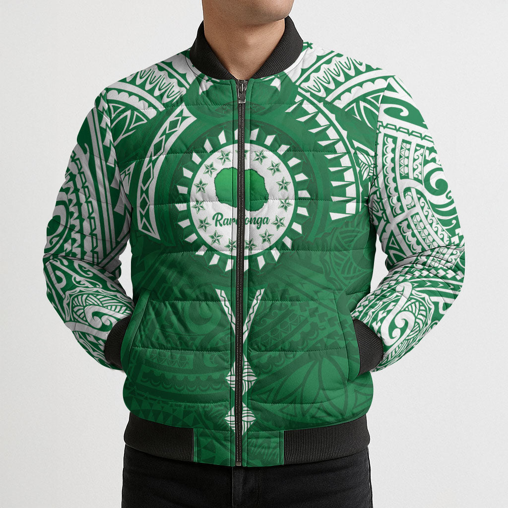 Personalised Cook Islands Rarotonga Bomber Puffer Jacket Map With Kuki Airani Manta Ray Tattoo LT14 - Polynesian Pride