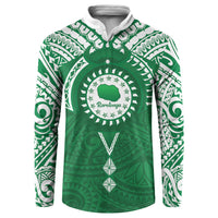 Personalised Cook Islands Rarotonga Button Sweatshirt Map With Kuki Airani Manta Ray Tattoo LT14 Green - Polynesian Pride