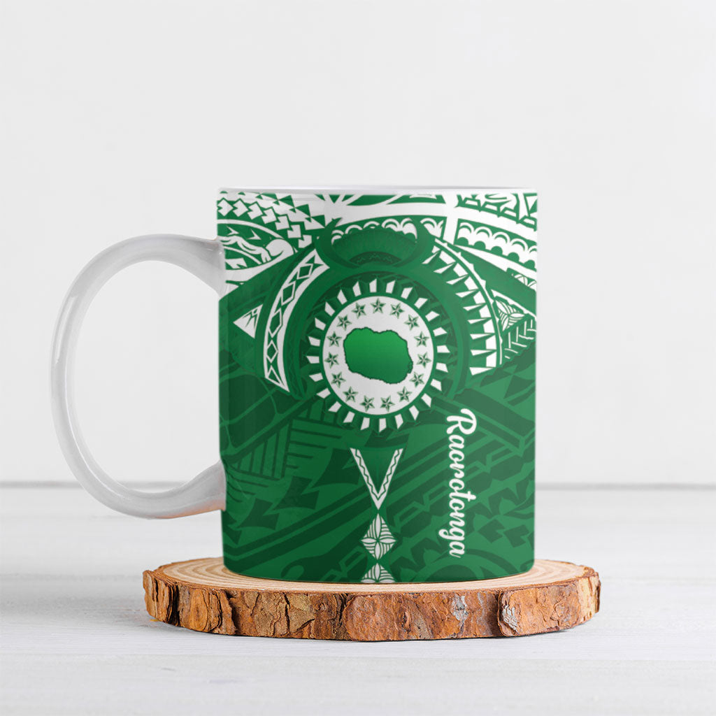 Personalised Cook Islands Rarotonga Ceramic Mug Map With Kuki Airani Manta Ray Tattoo LT14 Green - Polynesian Pride