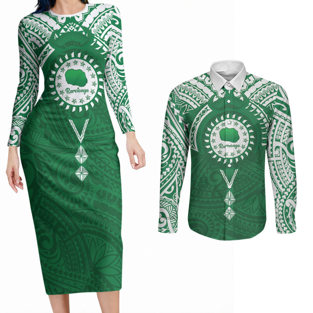 Personalised Cook Islands Rarotonga Couples Matching Long Sleeve Bodycon Dress and Long Sleeve Button Shirt Map With Kuki Airani Manta Ray Tattoo