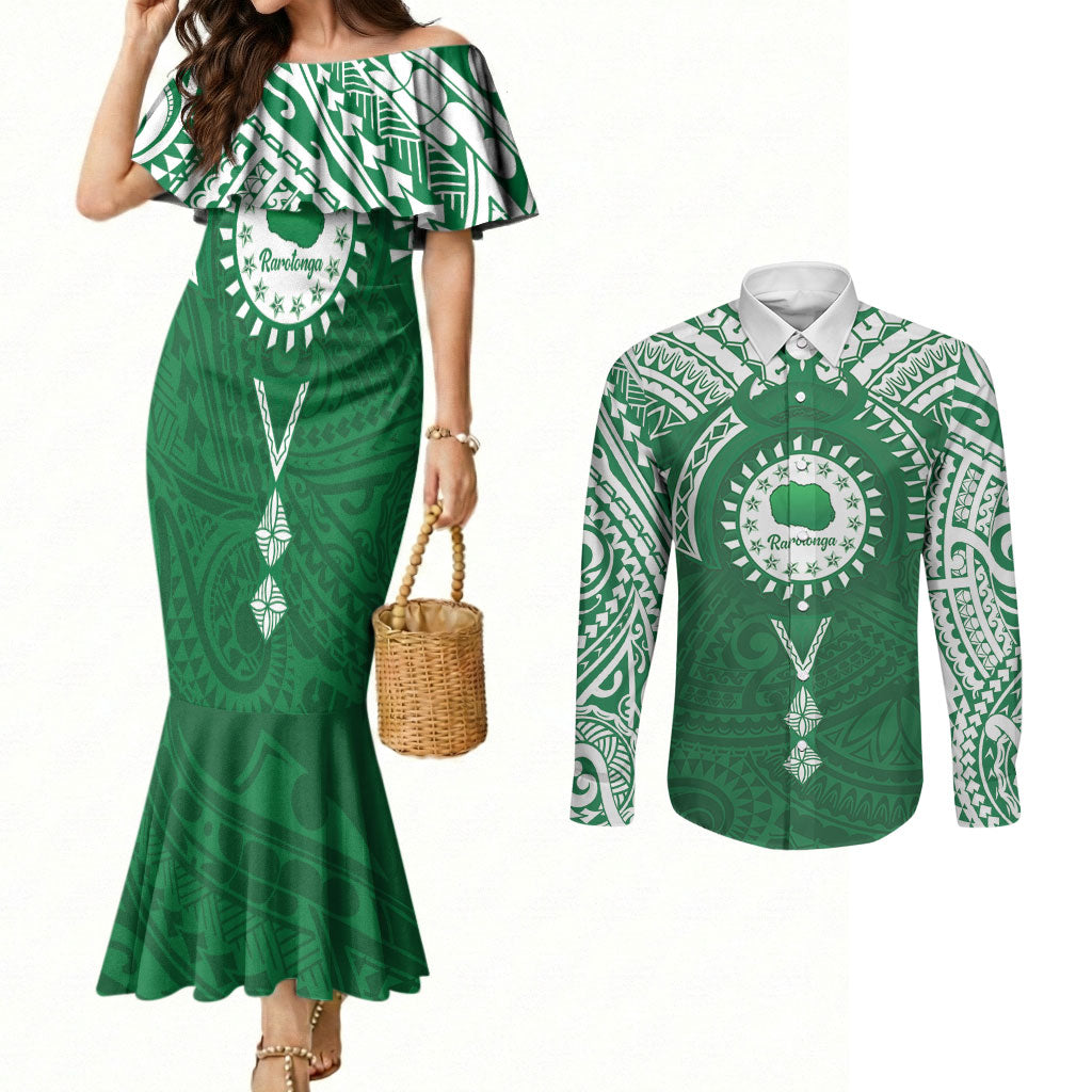 Personalised Cook Islands Rarotonga Couples Matching Mermaid Dress and Long Sleeve Button Shirt Map With Kuki Airani Manta Ray Tattoo
