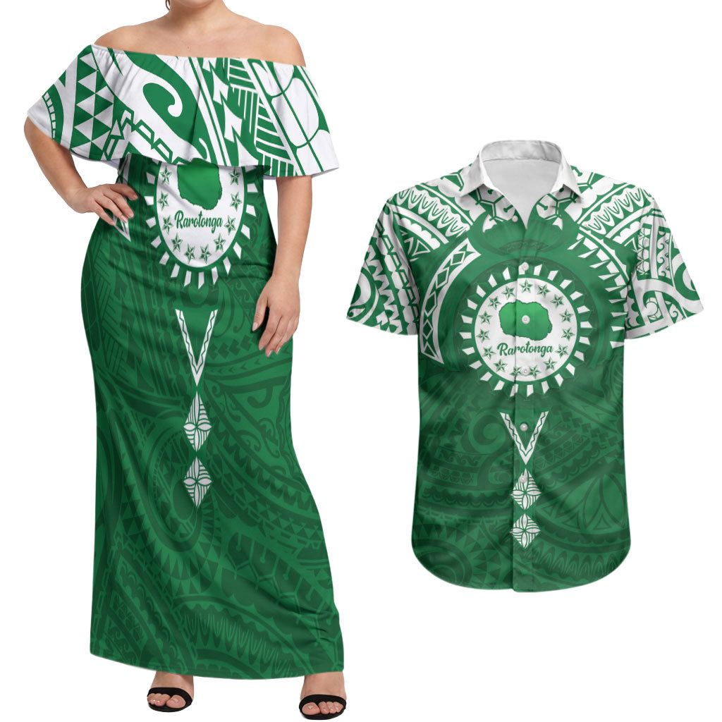 Personalised Cook Islands Rarotonga Couples Matching Off Shoulder Maxi Dress and Hawaiian Shirt Map With Kuki Airani Manta Ray Tattoo