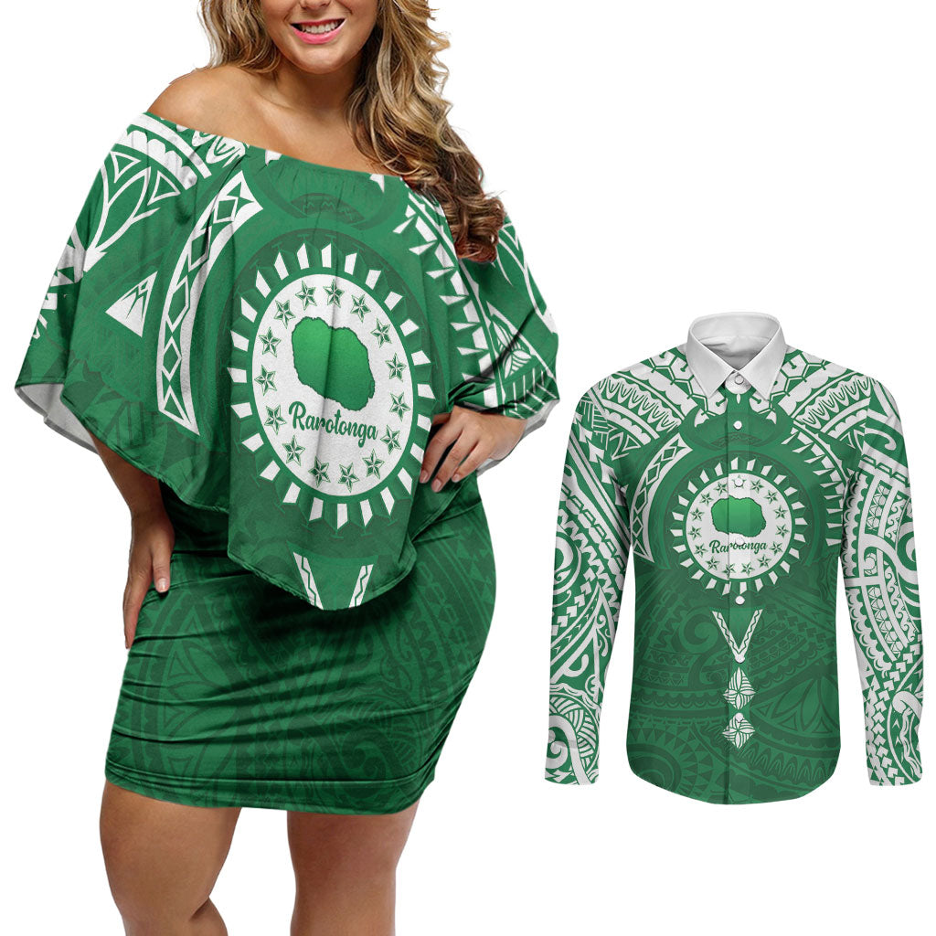 Personalised Cook Islands Rarotonga Couples Matching Off Shoulder Short Dress and Long Sleeve Button Shirt Map With Kuki Airani Manta Ray Tattoo