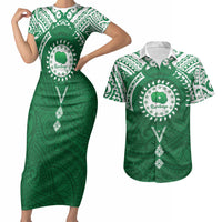 Personalised Cook Islands Rarotonga Couples Matching Short Sleeve Bodycon Dress and Hawaiian Shirt Map With Kuki Airani Manta Ray Tattoo LT14 Green - Polynesian Pride