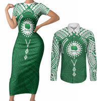 Personalised Cook Islands Rarotonga Couples Matching Short Sleeve Bodycon Dress and Long Sleeve Button Shirt Map With Kuki Airani Manta Ray Tattoo LT14 Green - Polynesian Pride