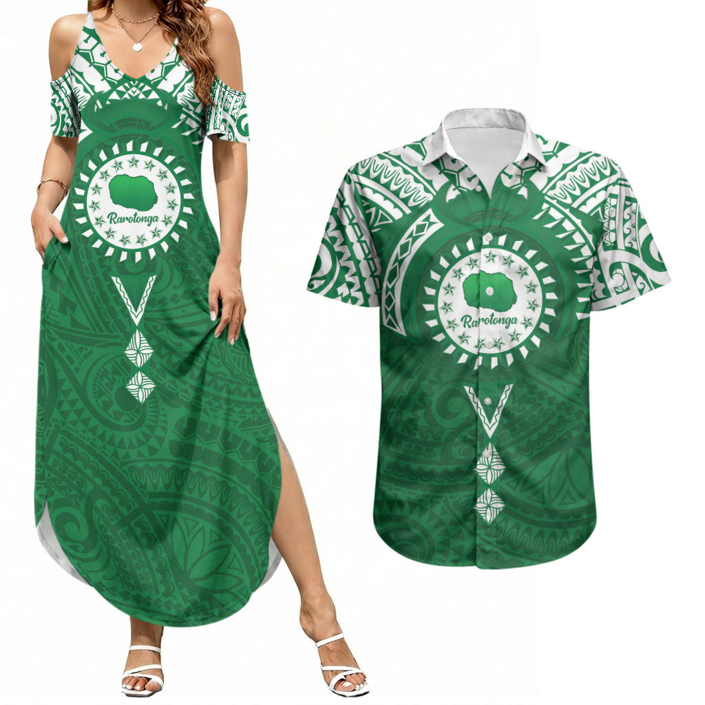 Personalised Cook Islands Rarotonga Couples Matching Summer Maxi Dress and Hawaiian Shirt Map With Kuki Airani Manta Ray Tattoo