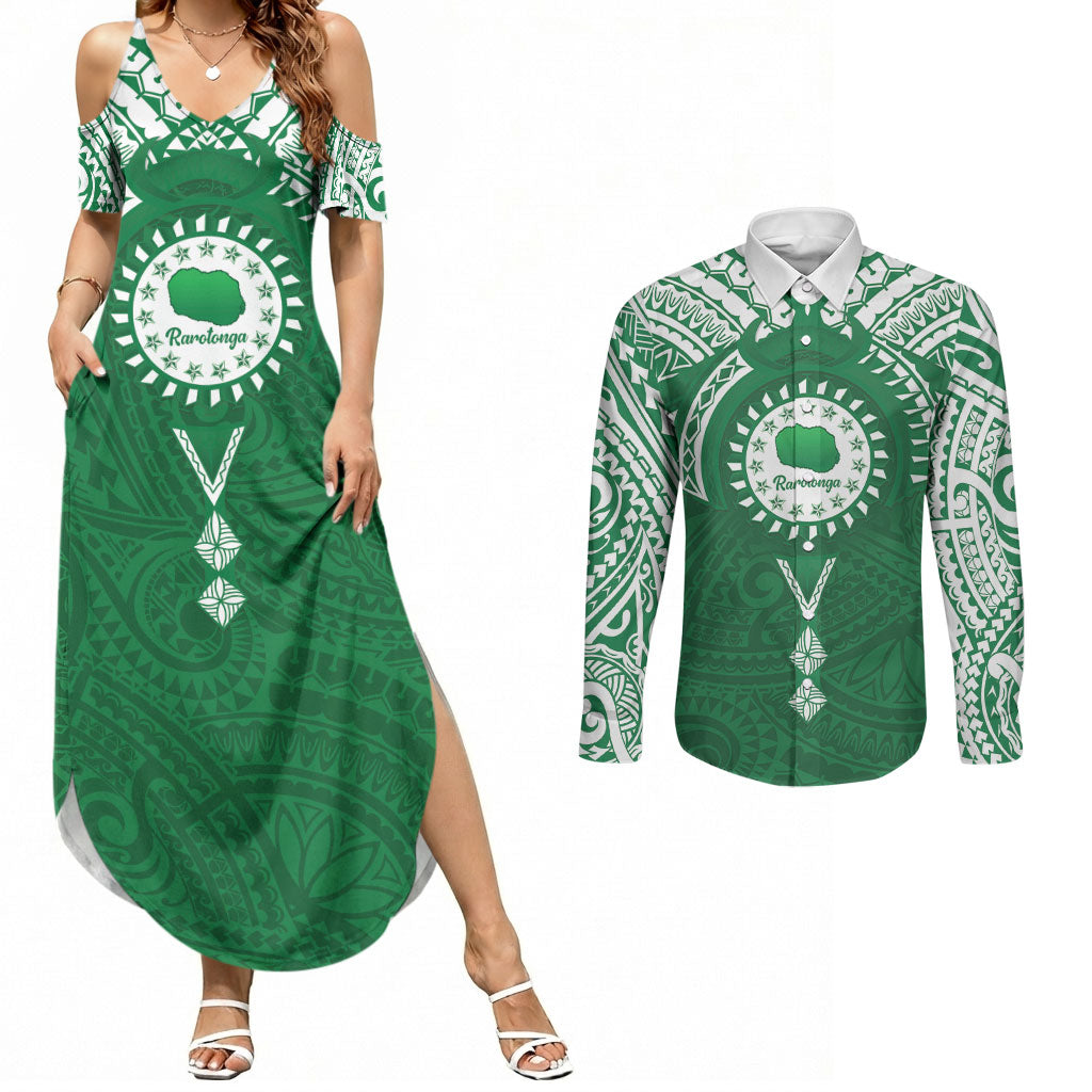 Personalised Cook Islands Rarotonga Couples Matching Summer Maxi Dress and Long Sleeve Button Shirt Map With Kuki Airani Manta Ray Tattoo