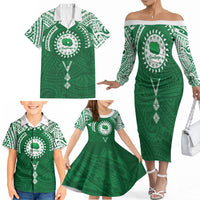 Personalised Cook Islands Rarotonga Family Matching Off The Shoulder Long Sleeve Dress and Hawaiian Shirt Map With Kuki Airani Manta Ray Tattoo LT14 - Polynesian Pride