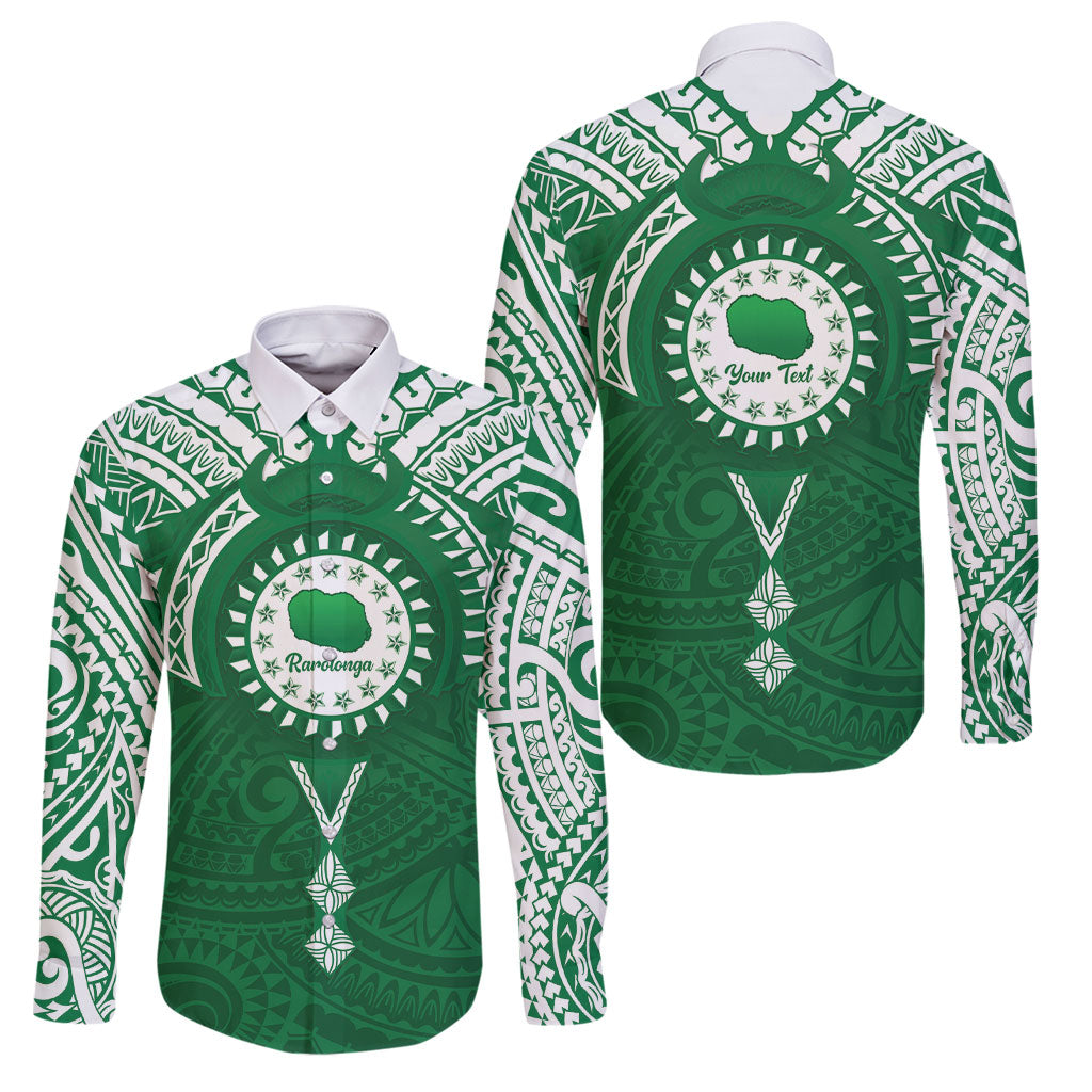 Personalised Cook Islands Rarotonga Family Matching Off The Shoulder Long Sleeve Dress and Hawaiian Shirt Map With Kuki Airani Manta Ray Tattoo LT14 Dad's Shirt - Long Sleeve Green - Polynesian Pride