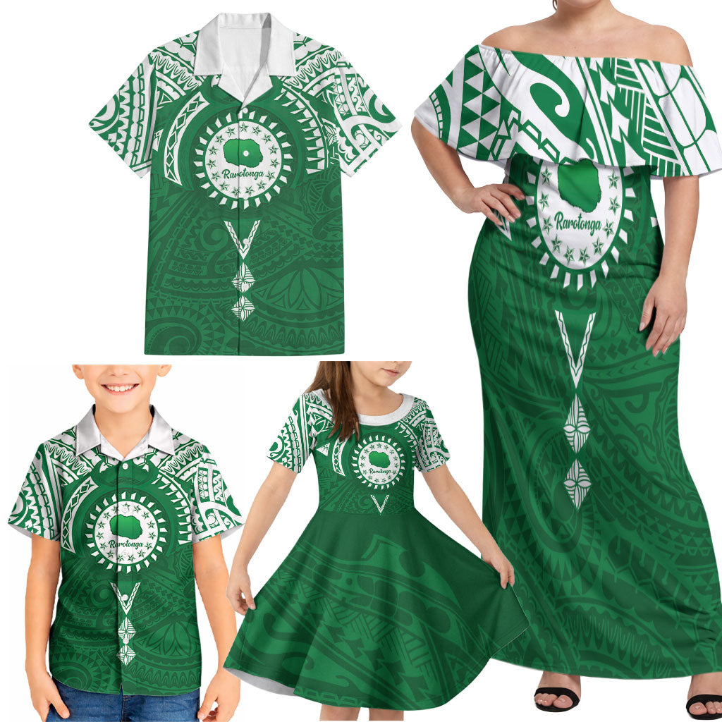 Personalised Cook Islands Rarotonga Family Matching Off Shoulder Maxi Dress and Hawaiian Shirt Map With Kuki Airani Manta Ray Tattoo