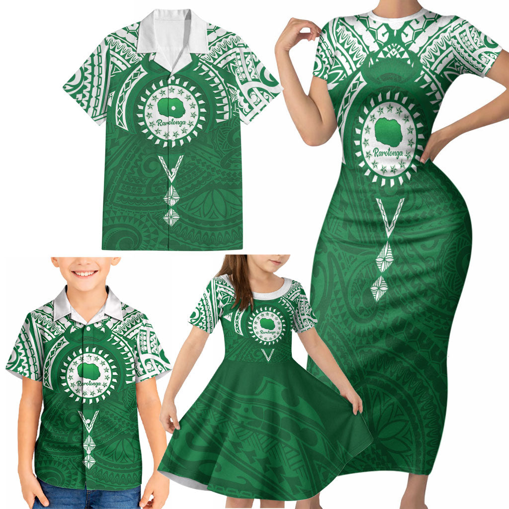 Personalised Cook Islands Rarotonga Family Matching Short Sleeve Bodycon Dress and Hawaiian Shirt Map With Kuki Airani Manta Ray Tattoo LT14 - Polynesian Pride