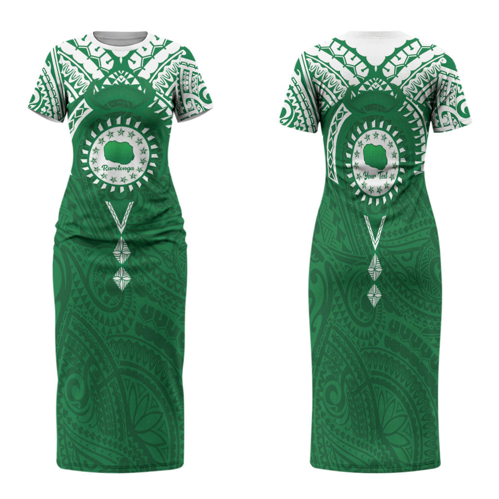 Personalised Cook Islands Rarotonga Family Matching Short Sleeve Bodycon Dress and Hawaiian Shirt Map With Kuki Airani Manta Ray Tattoo LT14 Mom's Dress Green - Polynesian Pride