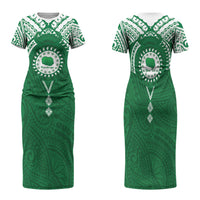 Personalised Cook Islands Rarotonga Family Matching Short Sleeve Bodycon Dress and Hawaiian Shirt Map With Kuki Airani Manta Ray Tattoo LT14 Mom's Dress Green - Polynesian Pride