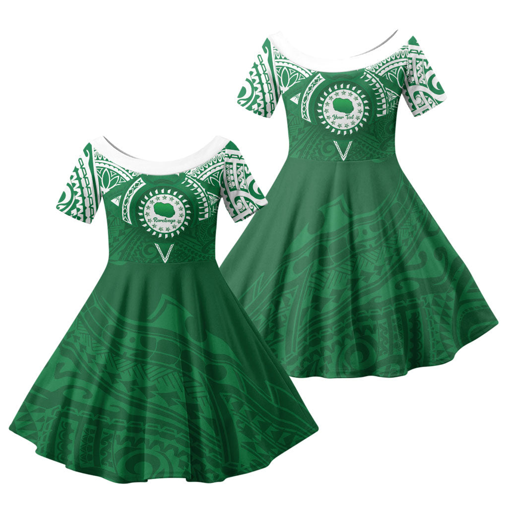 Personalised Cook Islands Rarotonga Family Matching Short Sleeve Bodycon Dress and Hawaiian Shirt Map With Kuki Airani Manta Ray Tattoo LT14 Daughter's Dress Green - Polynesian Pride