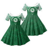 Personalised Cook Islands Rarotonga Family Matching Short Sleeve Bodycon Dress and Hawaiian Shirt Map With Kuki Airani Manta Ray Tattoo LT14 Daughter's Dress Green - Polynesian Pride