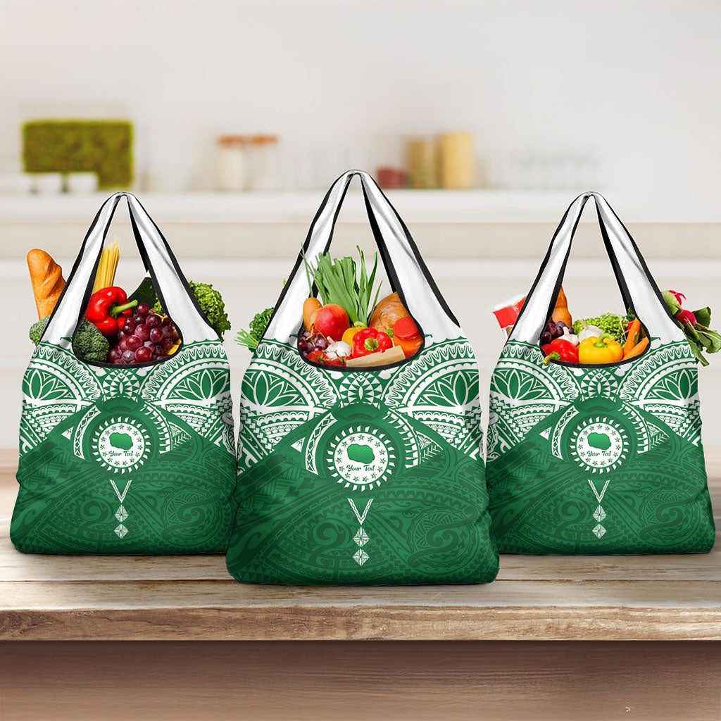 Personalised Cook Islands Rarotonga Grocery Bag Map With Kuki Airani Manta Ray Tattoo LT14 3-pack One Size Green - Polynesian Pride