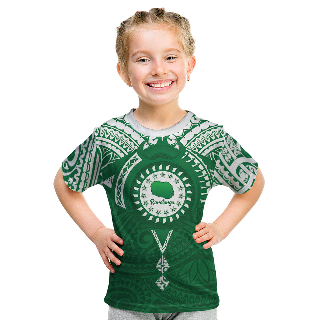 Personalised Cook Islands Rarotonga Kid T Shirt Map With Kuki Airani Manta Ray Tattoo LT14 Green - Polynesian Pride