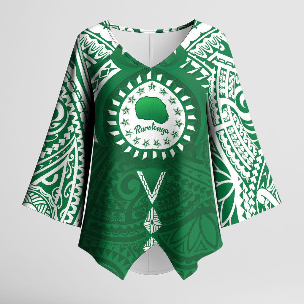 Personalised Cook Islands Rarotonga Kimono Sleeve Blouse Map With Kuki Airani Manta Ray Tattoo LT14 Female Green - Polynesian Pride