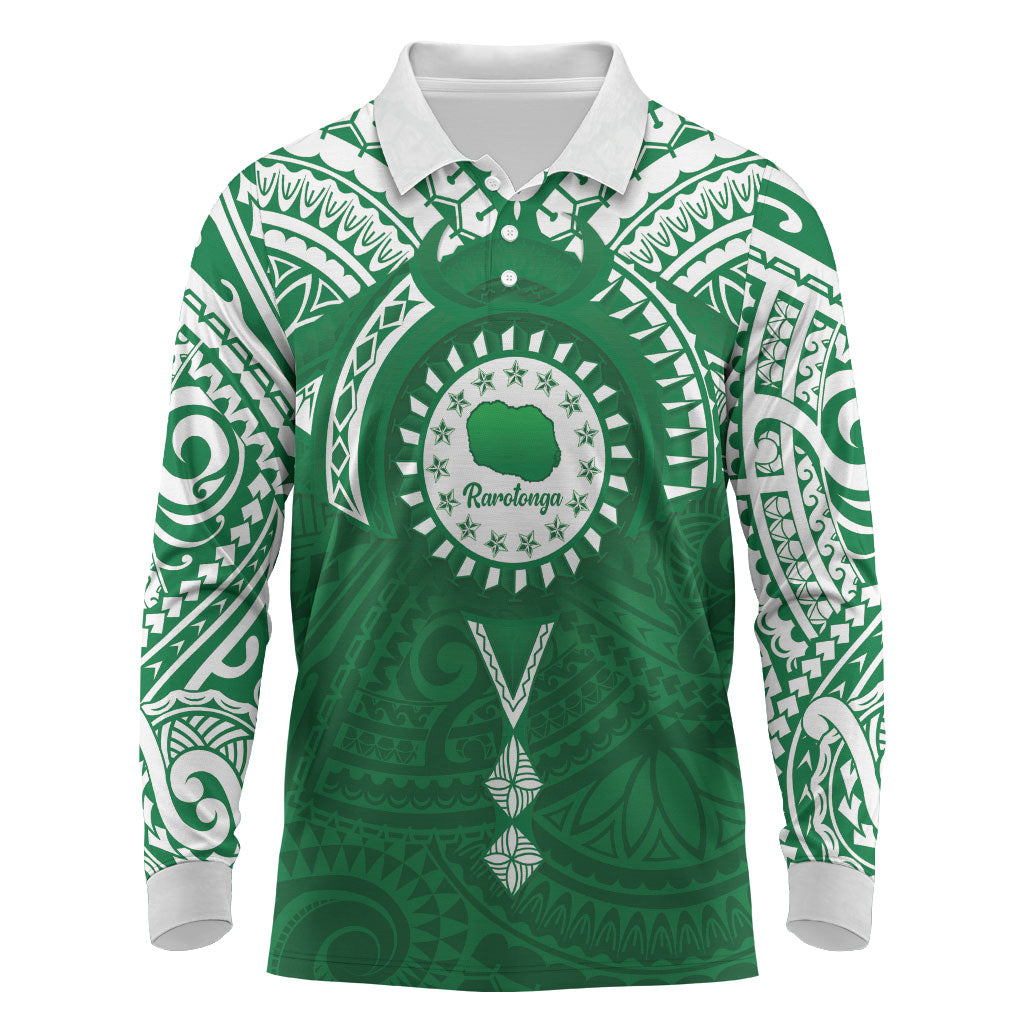 Personalised Cook Islands Rarotonga Long Sleeve Polo Shirt Map With Kuki Airani Manta Ray Tattoo LT14 Green - Polynesian Pride