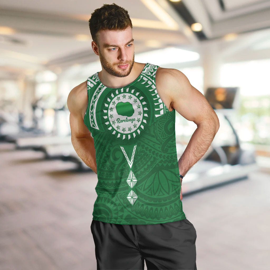 Personalised Cook Islands Rarotonga Men Tank Top Map With Kuki Airani Manta Ray Tattoo LT14 Green - Polynesian Pride
