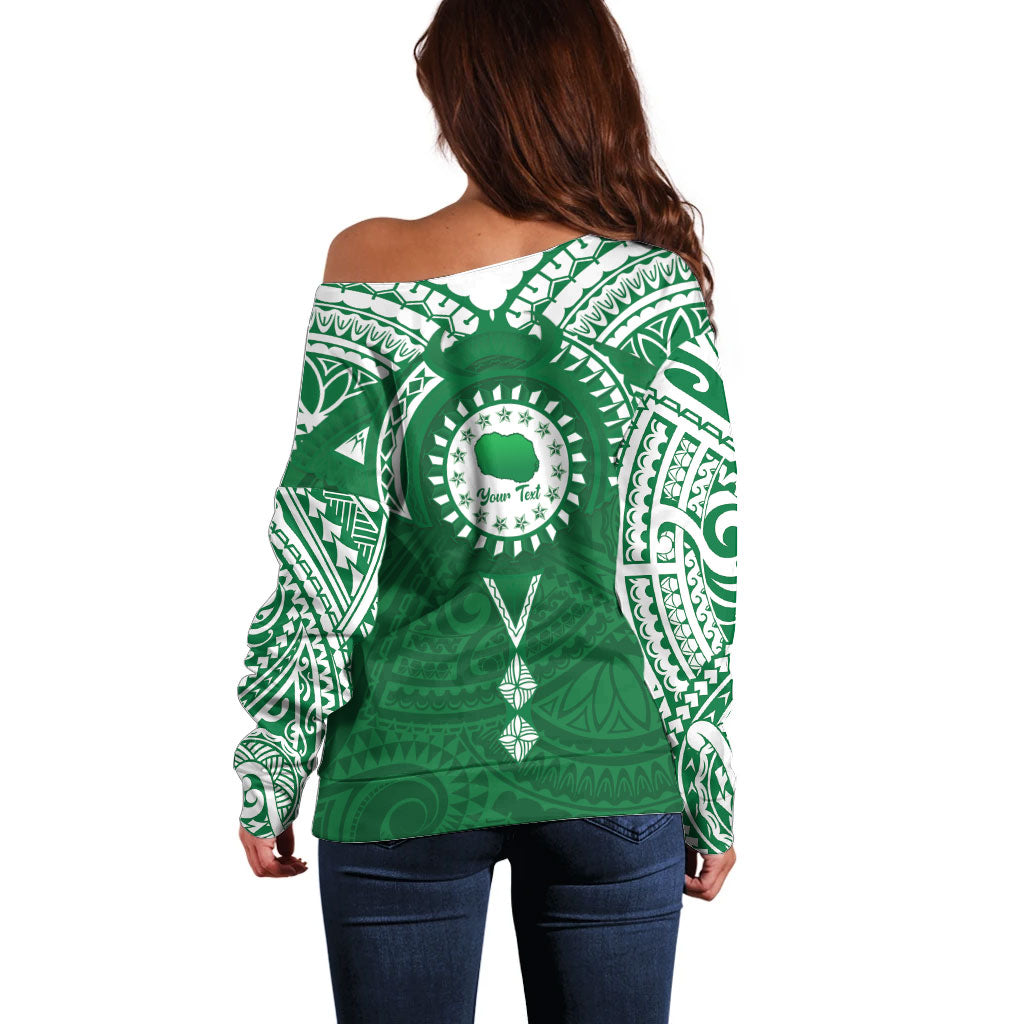 Personalised Cook Islands Rarotonga Off Shoulder Sweater Map With Kuki Airani Manta Ray Tattoo LT14 - Polynesian Pride