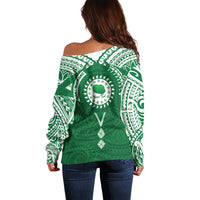 Personalised Cook Islands Rarotonga Off Shoulder Sweater Map With Kuki Airani Manta Ray Tattoo LT14 - Polynesian Pride
