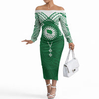 Personalised Cook Islands Rarotonga Off The Shoulder Long Sleeve Dress Map With Kuki Airani Manta Ray Tattoo LT14 Women Green - Polynesian Pride