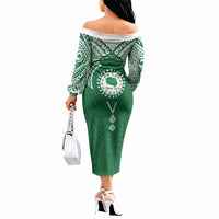 Personalised Cook Islands Rarotonga Off The Shoulder Long Sleeve Dress Map With Kuki Airani Manta Ray Tattoo LT14 - Polynesian Pride