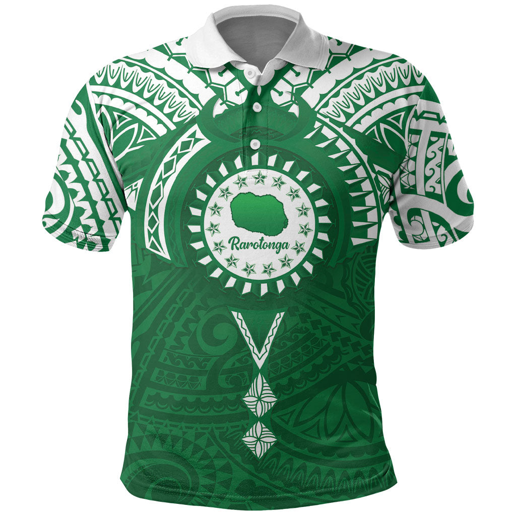 Personalised Cook Islands Rarotonga Polo Shirt Map With Kuki Airani Manta Ray Tattoo LT14 Green - Polynesian Pride